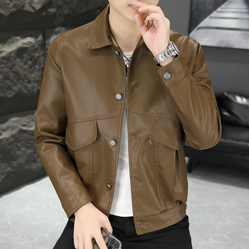 

2024 Autumn PU Leather Jackets Men Fashion Loose Motorcycle Jacket Streetwear Social Lapel Leather Windbreaker Coat Men Clothing