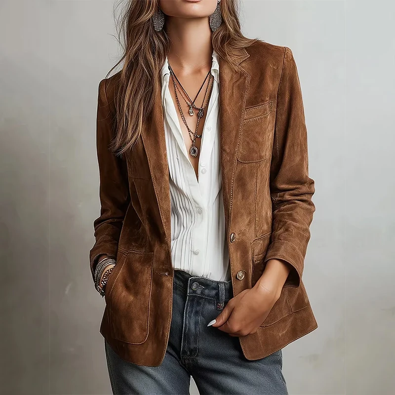 

Europe Americ Suede Jacket for Women 2025 Lapel Collar Single Breasted Full Sleeve Blazer Coat Female Casual Coat Streetwear