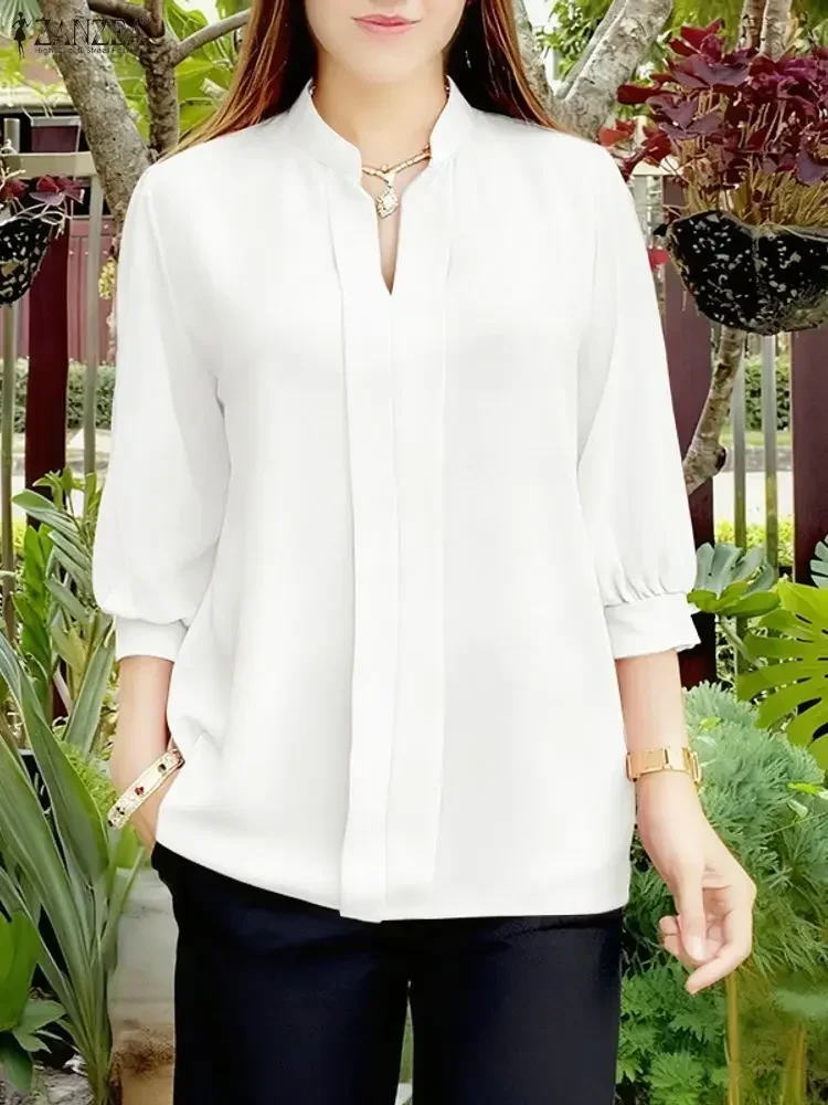 ZANZEA Frauen Bluse Mode 3/4 Hülse Casual Einfarbig Tops 2025, Herbst V-ausschnitt Lose Blusas Femininas Streetwear Arbeit Tunika