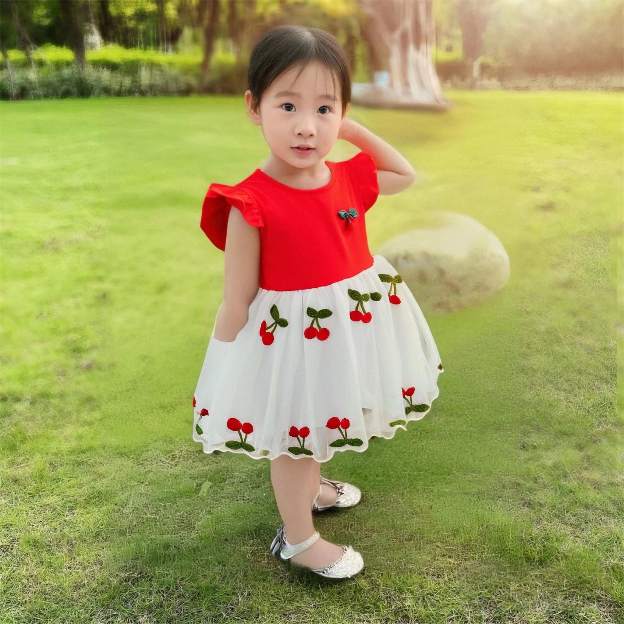 

Summer New Girls Dress Round Neck A-line Dress Cherry Wool Woven Decoration Small Flying Sleeves Sweet Birthday Party Team Dress