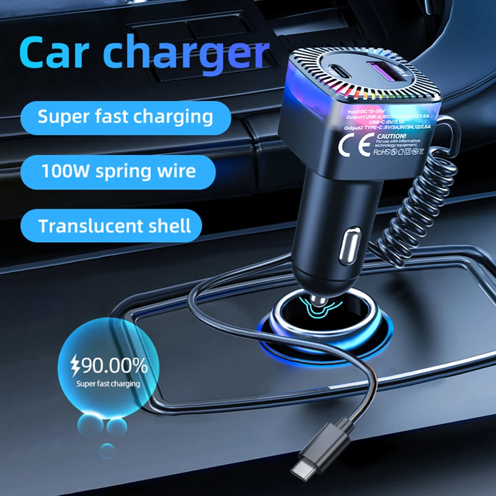 

USB C Car Charger With 100W TypeC Coiled Cable FM Transmitter Wireless Audio Receiver Car MP3 Player With Ambient Light dropship