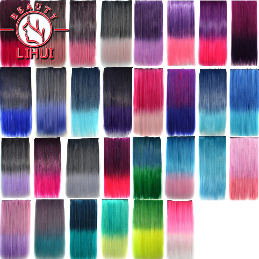 Synthetic Clip In Hair Extensions Long Straight Hairpieces 5 Clips in One Piece Hair Extension Multi Colorful Hair Piece LIHUI image 6