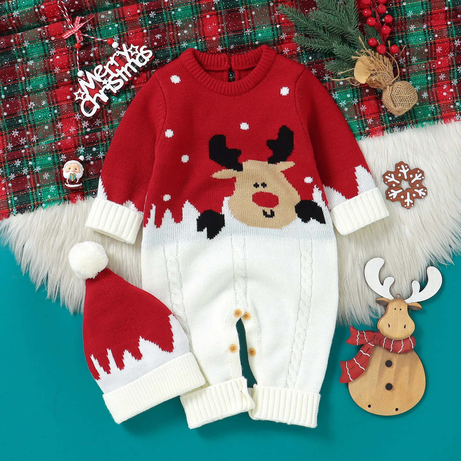 Christmas Newborn Baby Romper Knit Infant Girl Boy Jumpsuit Long Sleeve Child Xmas Clothes Fashion Cute Elk 0-18M Overalls 2pcs