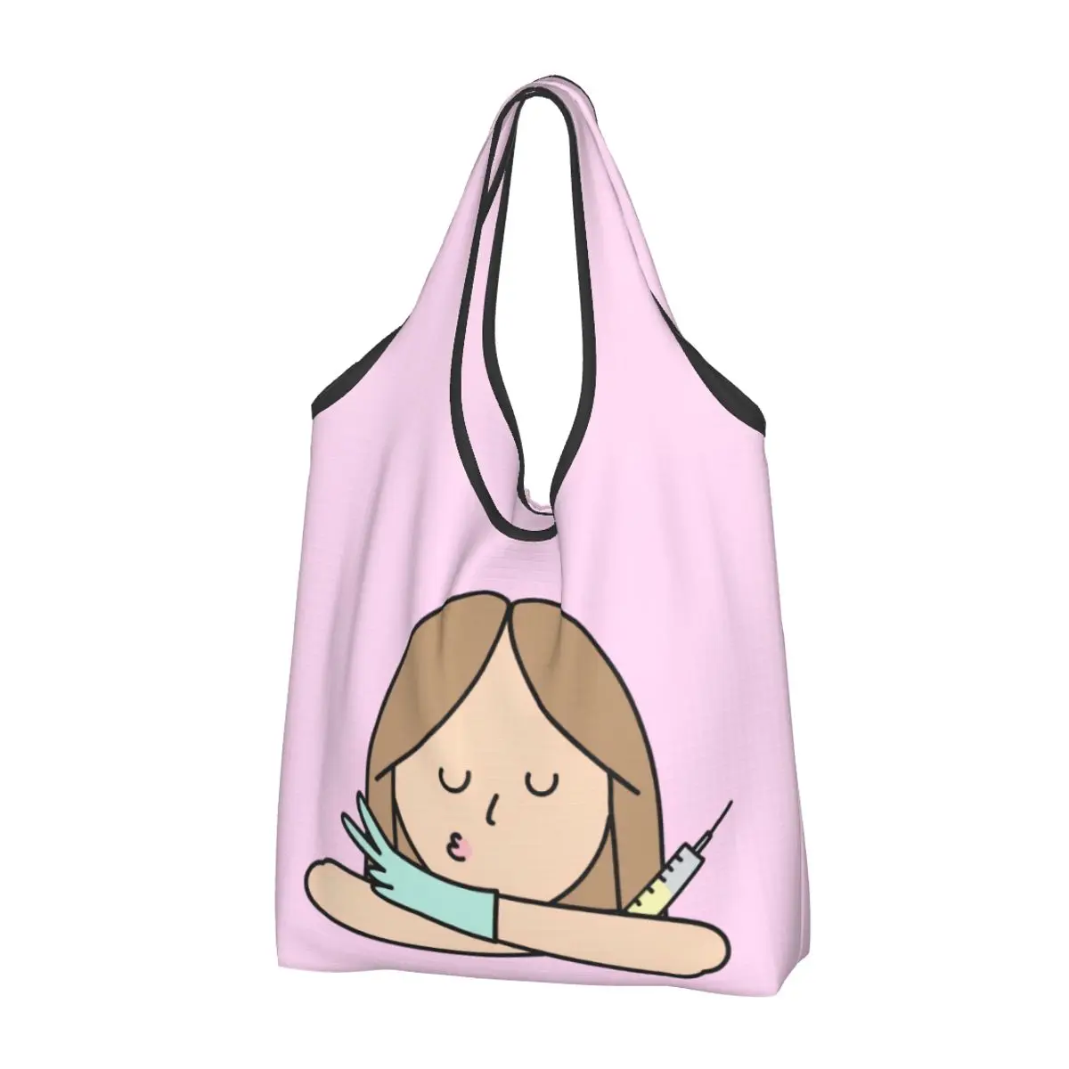 Large Reusable Cute Enfermera En Apuros Nurse Grocery Bags Recycle Foldable Shopping Tote Bag Washable With Pouch