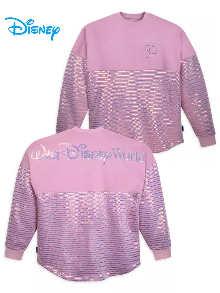 Disney 50th Anniversary Mickey Embroidery Fleece Sweatshirt Women Sequins Loose Pullover O Neck Long Sleeve Casual Jupmer Tops