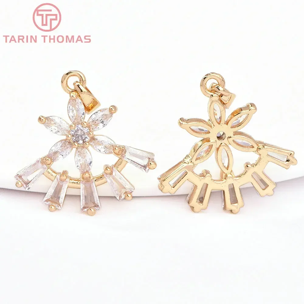 (7747)4PCS 21.5x22MM 24K Gold Color Brass with Zircon Flower Shape Pendants High Quality DIY Jewelry Making Findings Accessories