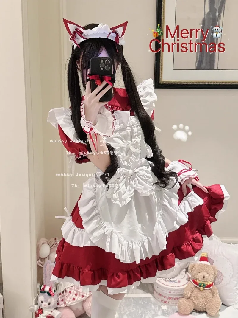 2024 New Original Japanese Cute Heavy Industry Christmas New Year Style Horn Sleeve Lace Edge Lolita Dress For Women