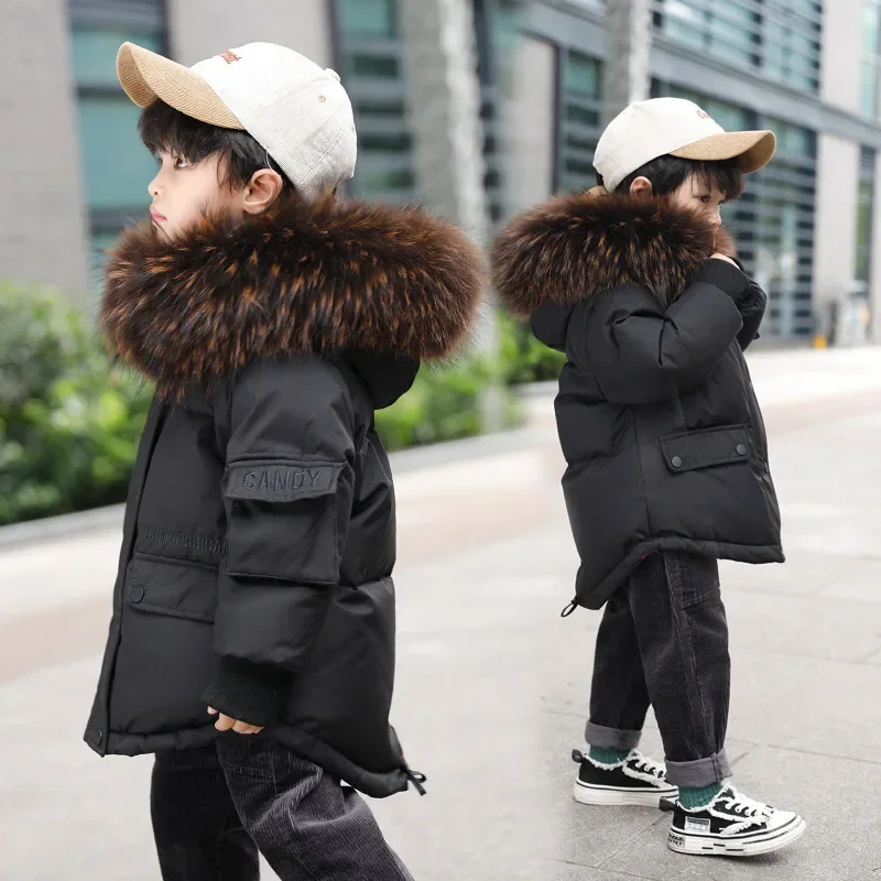 Boys Winter Coat Children Down Jacket Big Fur Collar Hooded Snow Wear Girls Thicken Outerwear Kids 2-8years Clothes TZ597