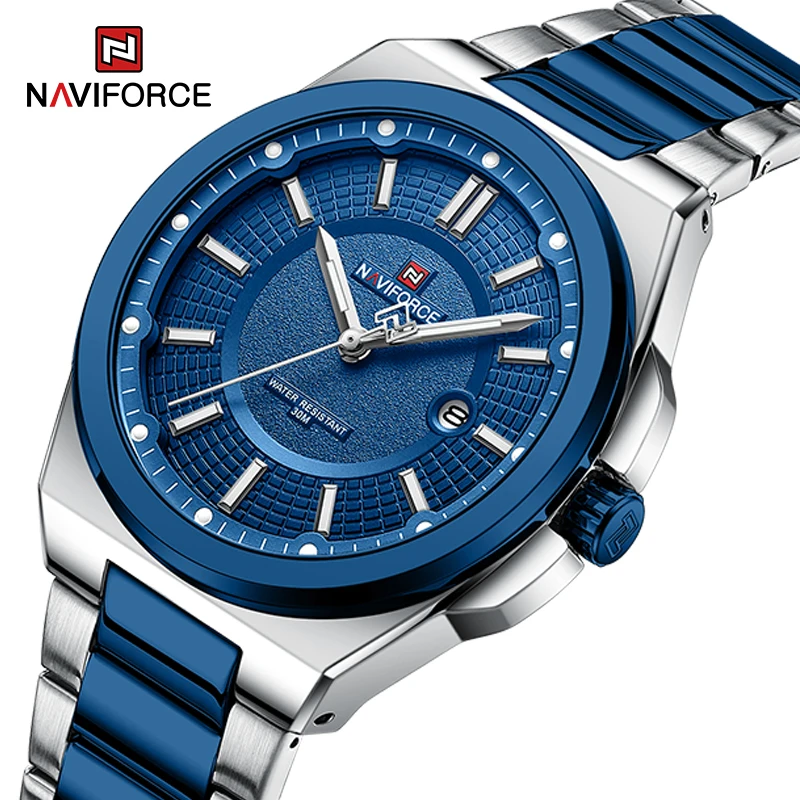 NAVIFORCE Men Quartz Watch Business Fashion 30M Waterproof Stainless Steel Band Date Display Foldable Clasp Durable Wristwatch