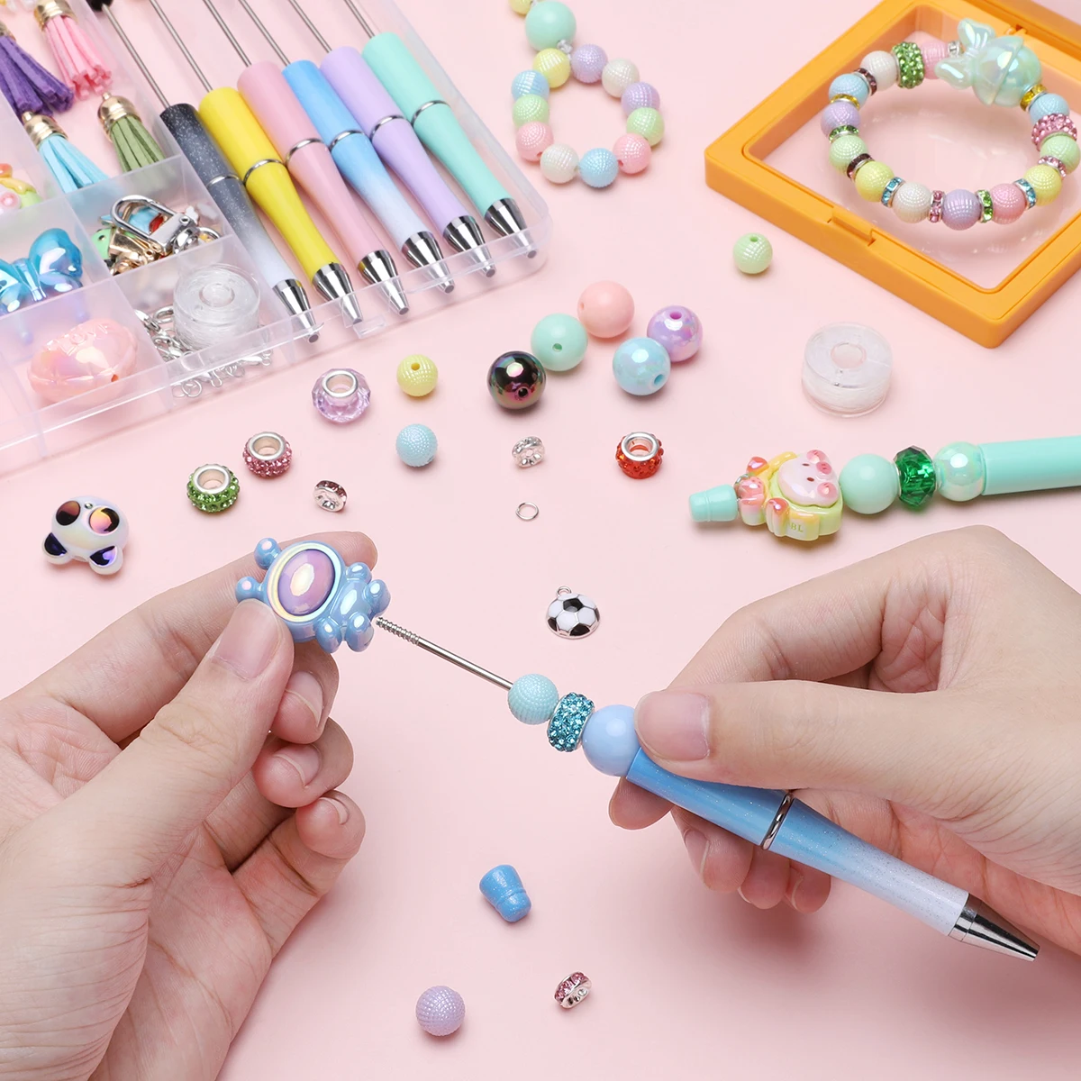 1Set/Bbag DIY Beadable Pens and Friendship Bracelet Set, Multicolor Plastic Beadable Ballpoint Pens - DIY Craftable Pen Set For