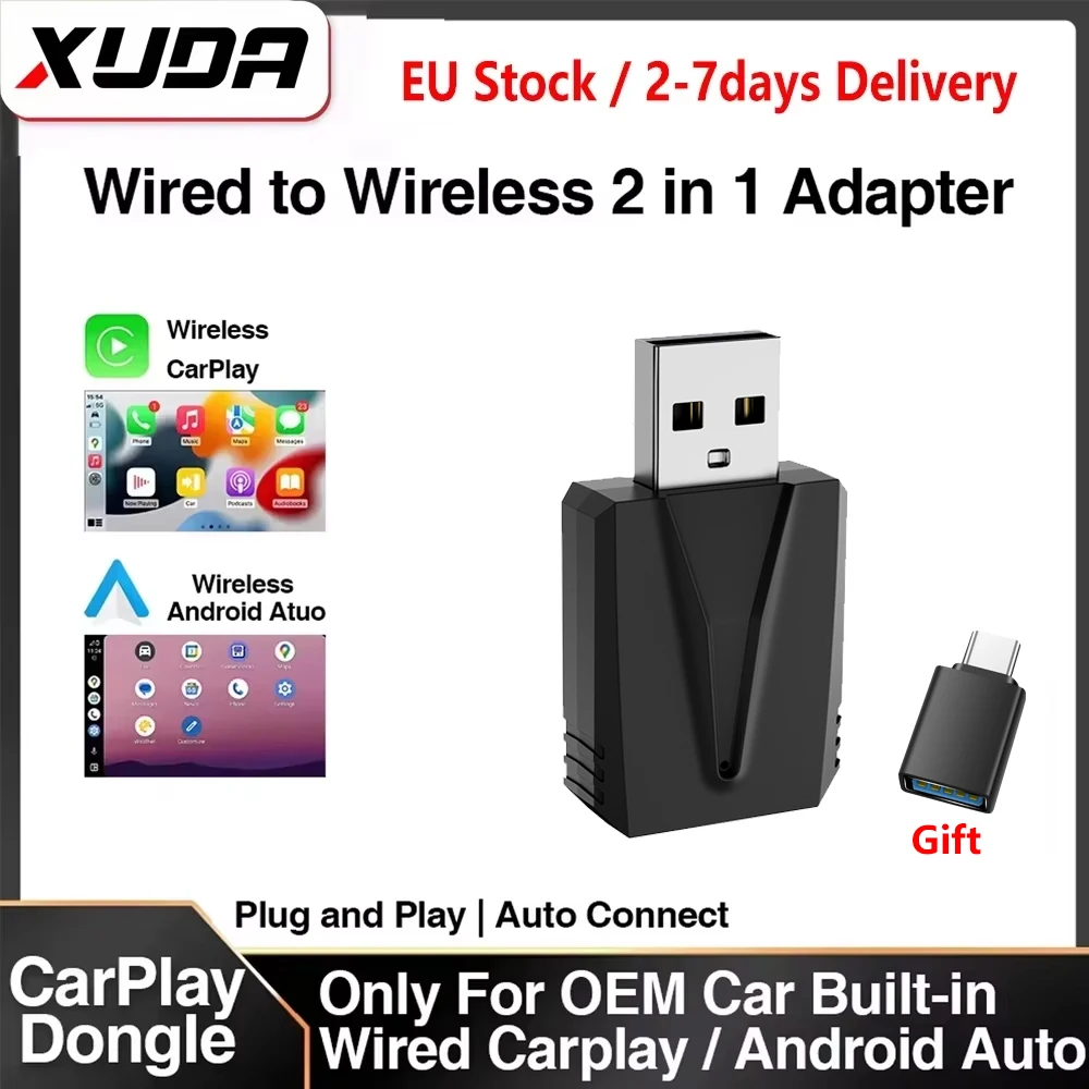Adaptateur CarPlay Android Auto filaire vers sans fil XUDA 2 en 1 pour autoradio OEM avec dongle USB, mini boîtier, plug and play, Bluetooth