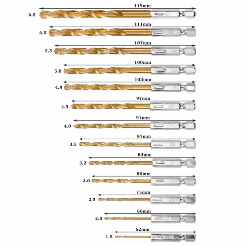 1/13Pcs Hexagonal Handle Twist Drill Bits High Speed Steel Titanium Plated Coated 1/4 Inch Hex Shank Drill Bit Tools