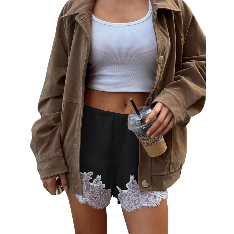 Women Satin Silk Lace Trim Shorts Elegant Lady Lace Floral Patchwork Silky Slip Shorts Comfy Pajamas Bottoms Satin Pettipants