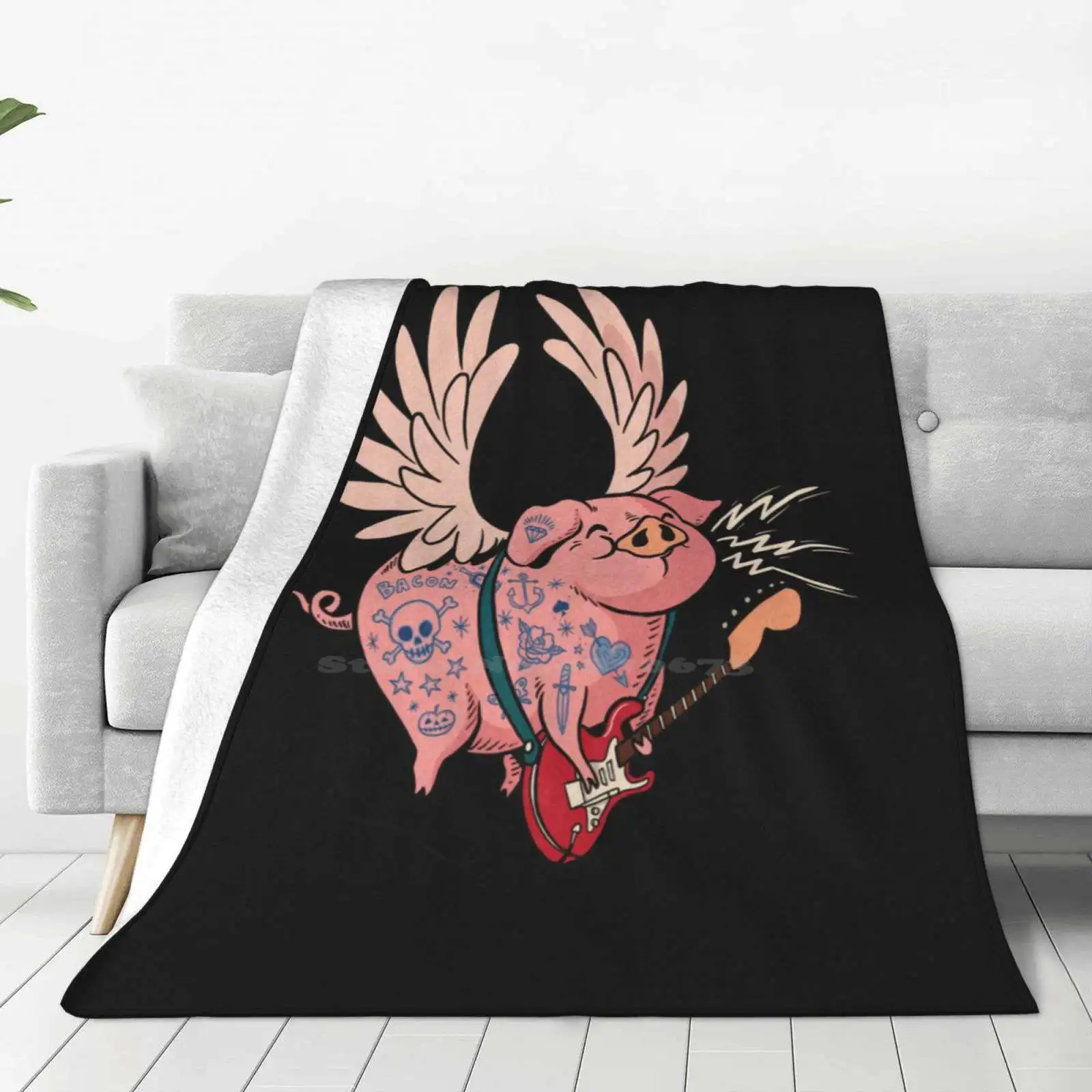 Pigs Rock! | Cute Tattoo Flying Pig Playing Guitar New Arrival Fashion Leisure Warm Flannel Blanket Piggy Cute Funny Guitar