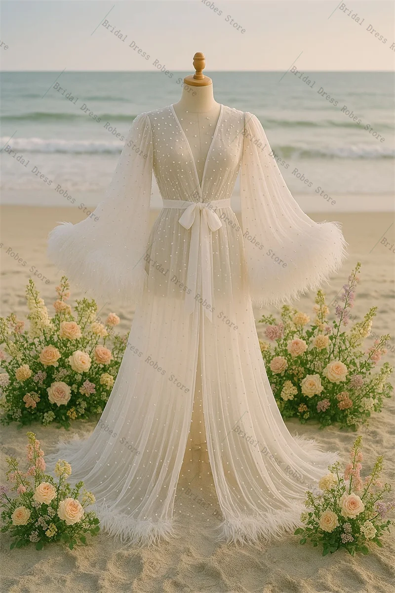 

Luxury Feather Women Prom Dress For Photoshoot Formal Sexy V Neck Full Sleeves Long Bridal Morning Robe Customized Night Gown