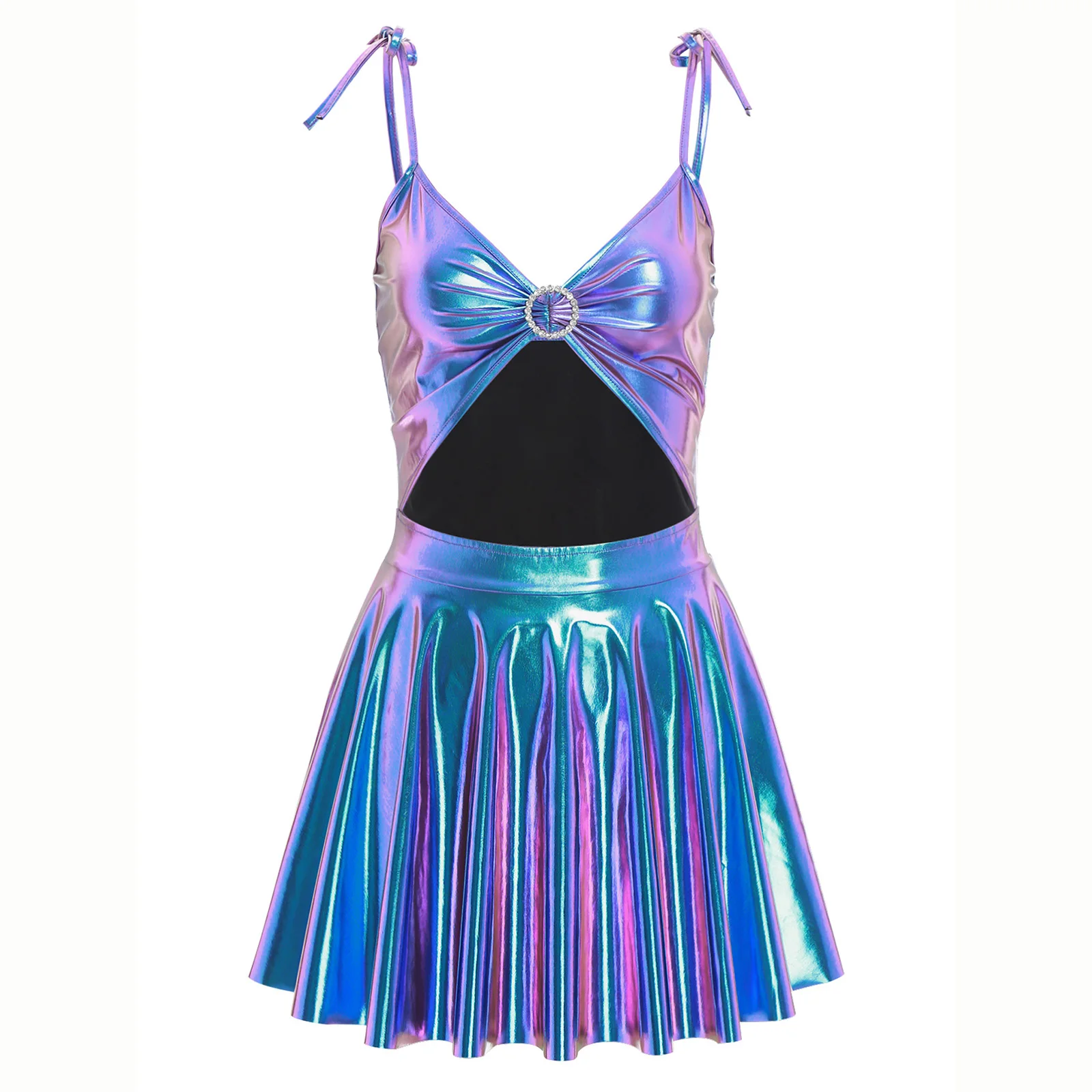 

Women Sparkly Metallic Mini Dress V Neck Sleeveless Spaghetti Straps Hollow Out Flared A-line Dress Party Club Nightclub Wear