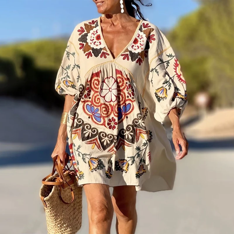 

Summer Bohemian Dress Retro Ethnic Style Print V-neck Waist A-line Seaside Holiday Elegant Midi Vestidos Dress for Women 2025
