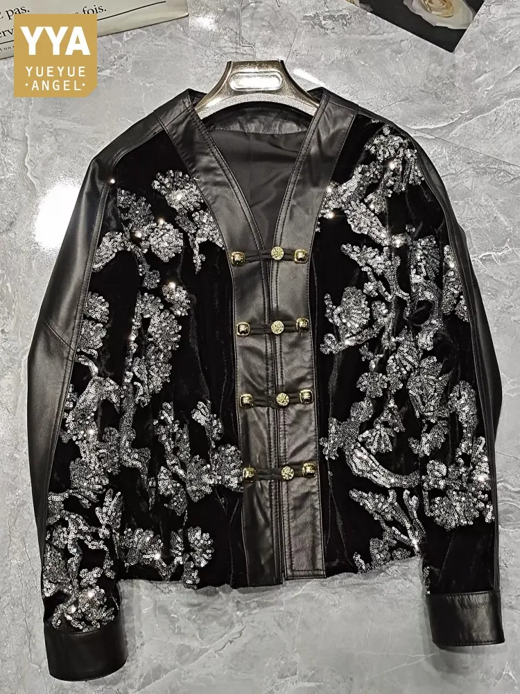 New Spring Vintage Spliced Sequined Women Velvet Genuine Leather Jacket V-Neck Long Sleeve Short Coat Single Breasted Outerwear