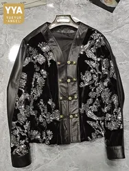 New Spring Vintage Spliced Sequined Women Velvet Genuine Leather Jacket V-Neck Long Sleeve Short Coat Single Breasted Outerwear