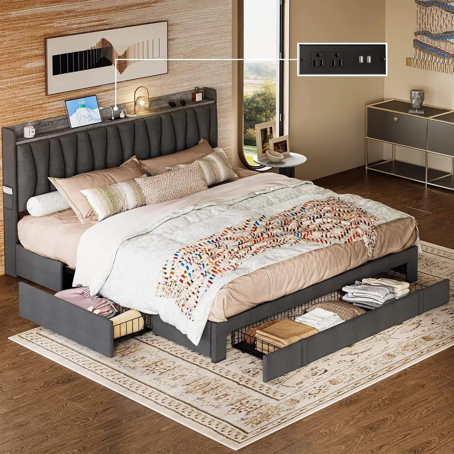 King Size Bed Frame with Storage Headboard and Charging Station, Upholstered Platform Bed with 3 Drawers, No Box Spring Needed