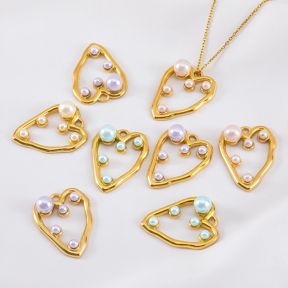 

2pcs Stainless Steel Hollow Heart Charm with ABS Imitation Pearl Beads for DIY Necklace Earrings Pendant Jewelry Making