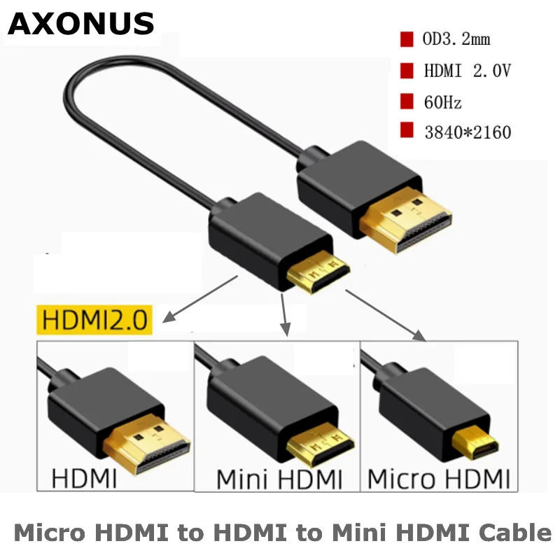 OD 3.2mm Super doux Micro HDMI vers HDMI vers Mini câble HDMI Ultra mince 4k @ 60hz léger Portable 1ft court mince hdmi2.0 enroulé