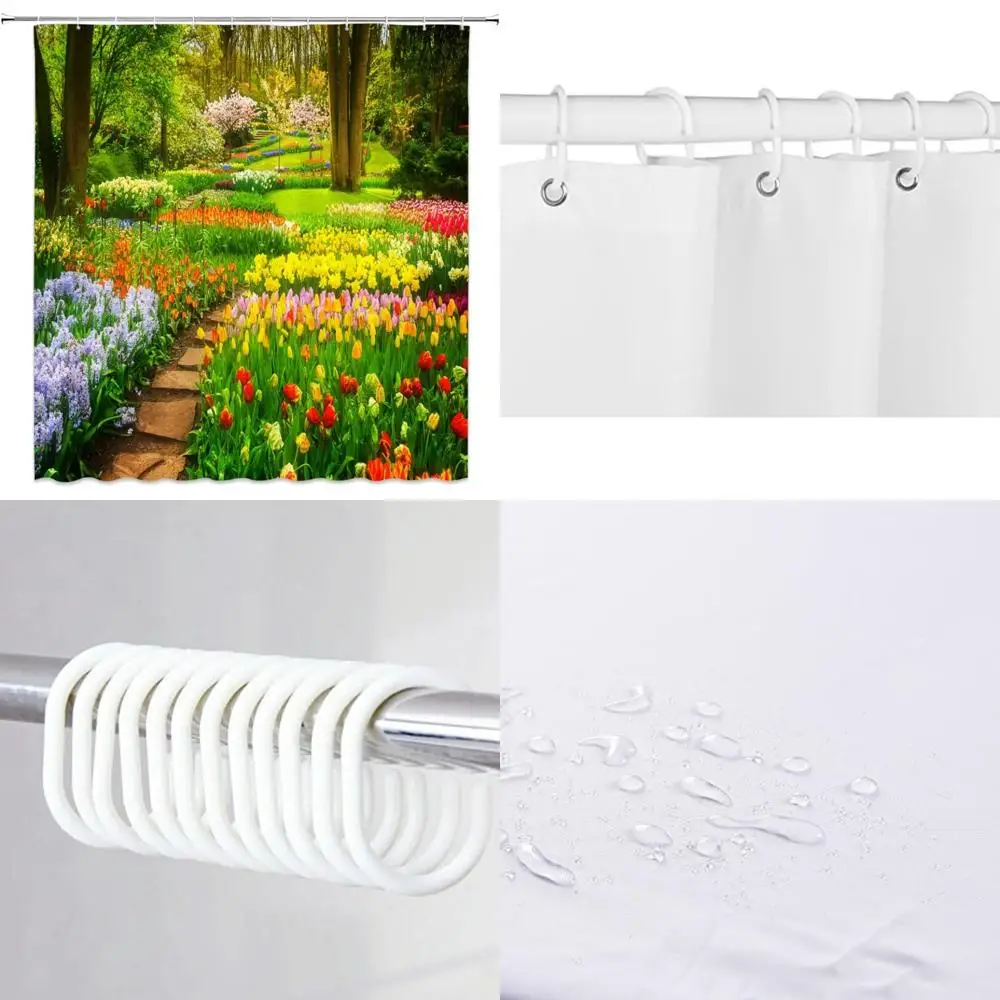 

vibrant floral shower curtain: lush greenery, blooming tulips, and serene meadow scenery