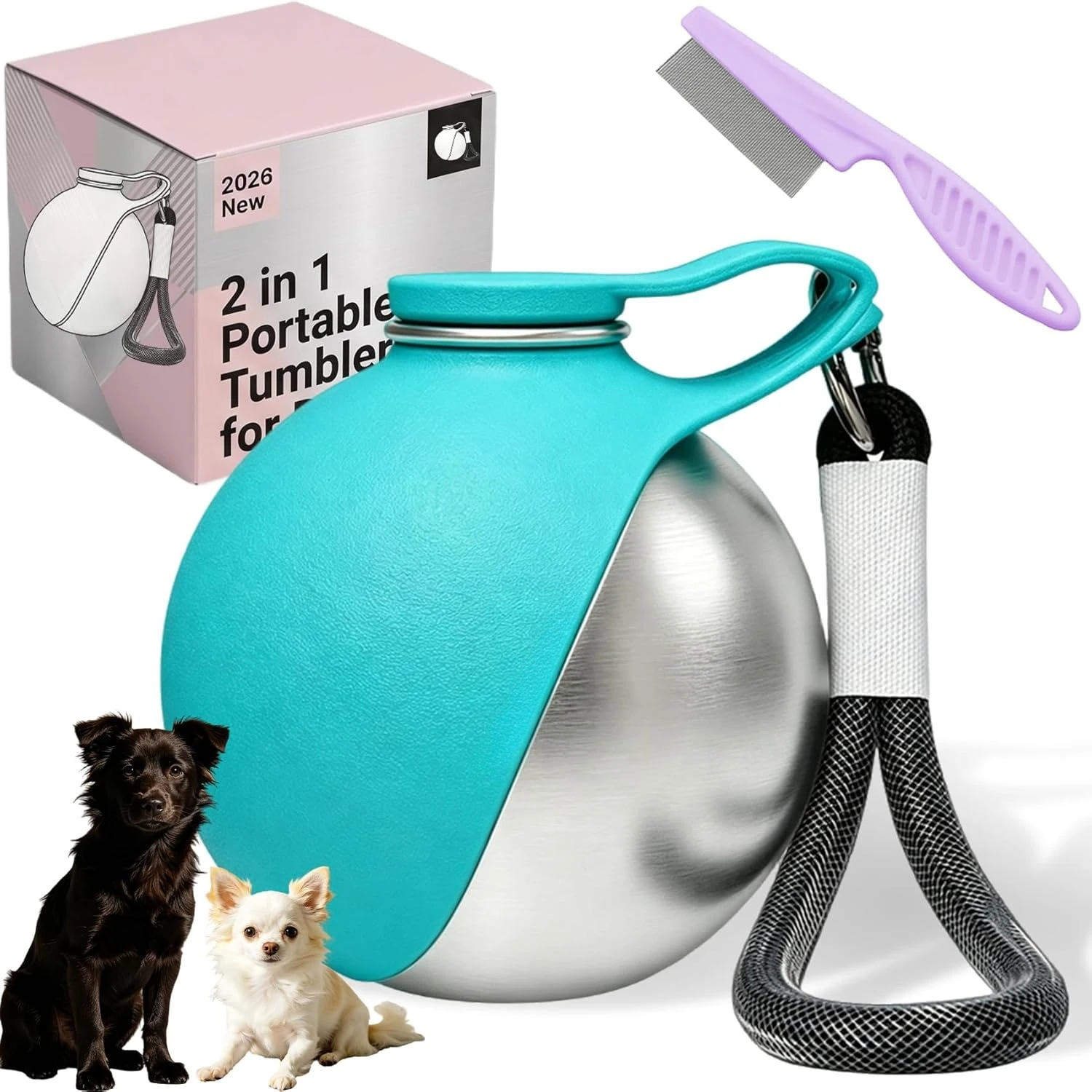 2-in-1 Portable Dog Water Bottle — Leak-proof and compact travel bottle — Stainless steel body with silicone accessories