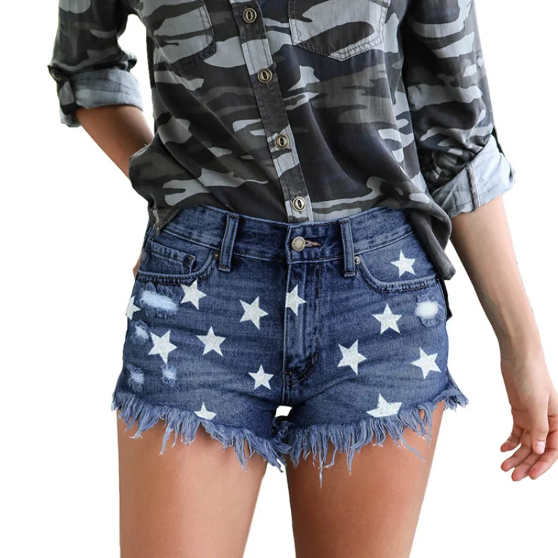 Popular Fashion High-quality Versatile Student Star Print Blue Distressed Tassel Denim Shorts Women's Sexy and Spicy Jeans