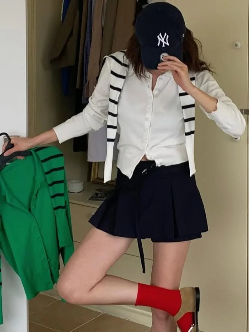 

Модный вязаный комплект из двух предметов с воротником на пуговицах, полосатая накидка на плечо для женщин, весенний новый дизайн, уличный Sle