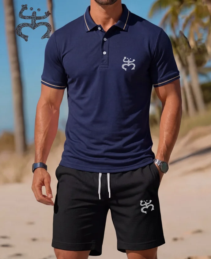 

Men's Trendy Comfortable 2 Piece EIRE Harp Logo Polo Shirt & Shorts Set, Summer Beach Casual Outfit