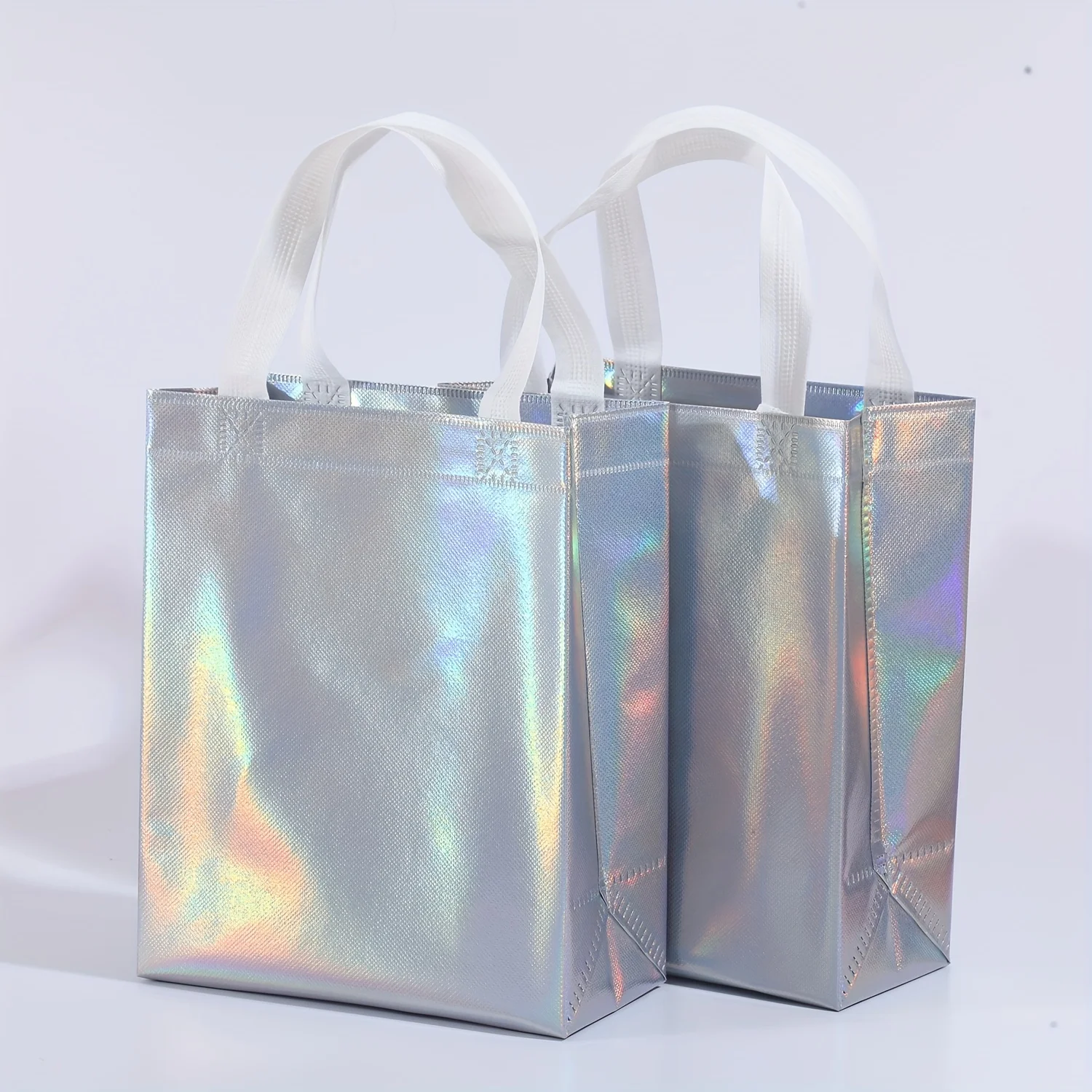 10-Piece Rainbow Holographic Gift Bags With Handles - Reusable, Perfect For Parties & Birthdays, Mixed Colors,  Theme, 8X4X10 In