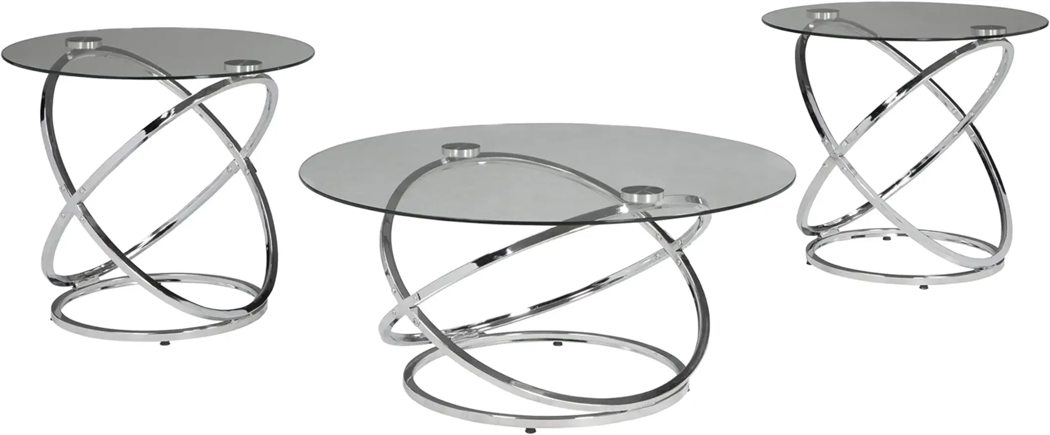 

Ashley Hollynyx Contemporary Round 3-Piece Occasional Table Set, Includes Coffee Table, 2 End Tables, Chrome, Design