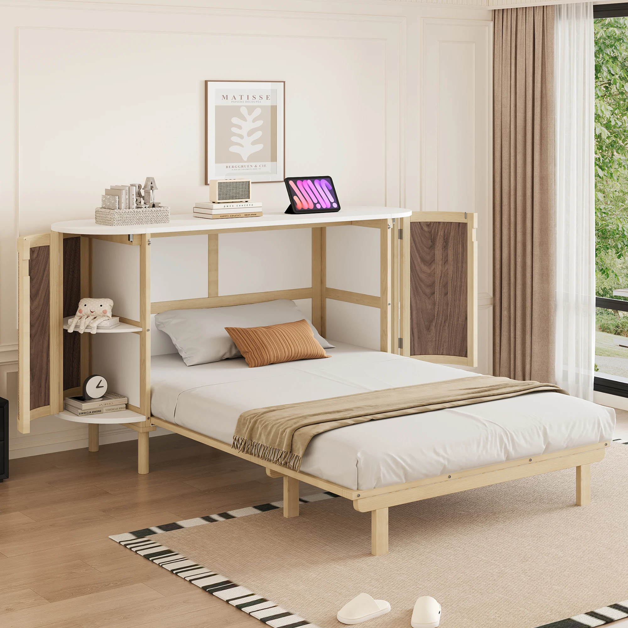 Lit 140x200 cm avec rangement stable et portes en rotin, gain de place, bois naturel, sans matelas
