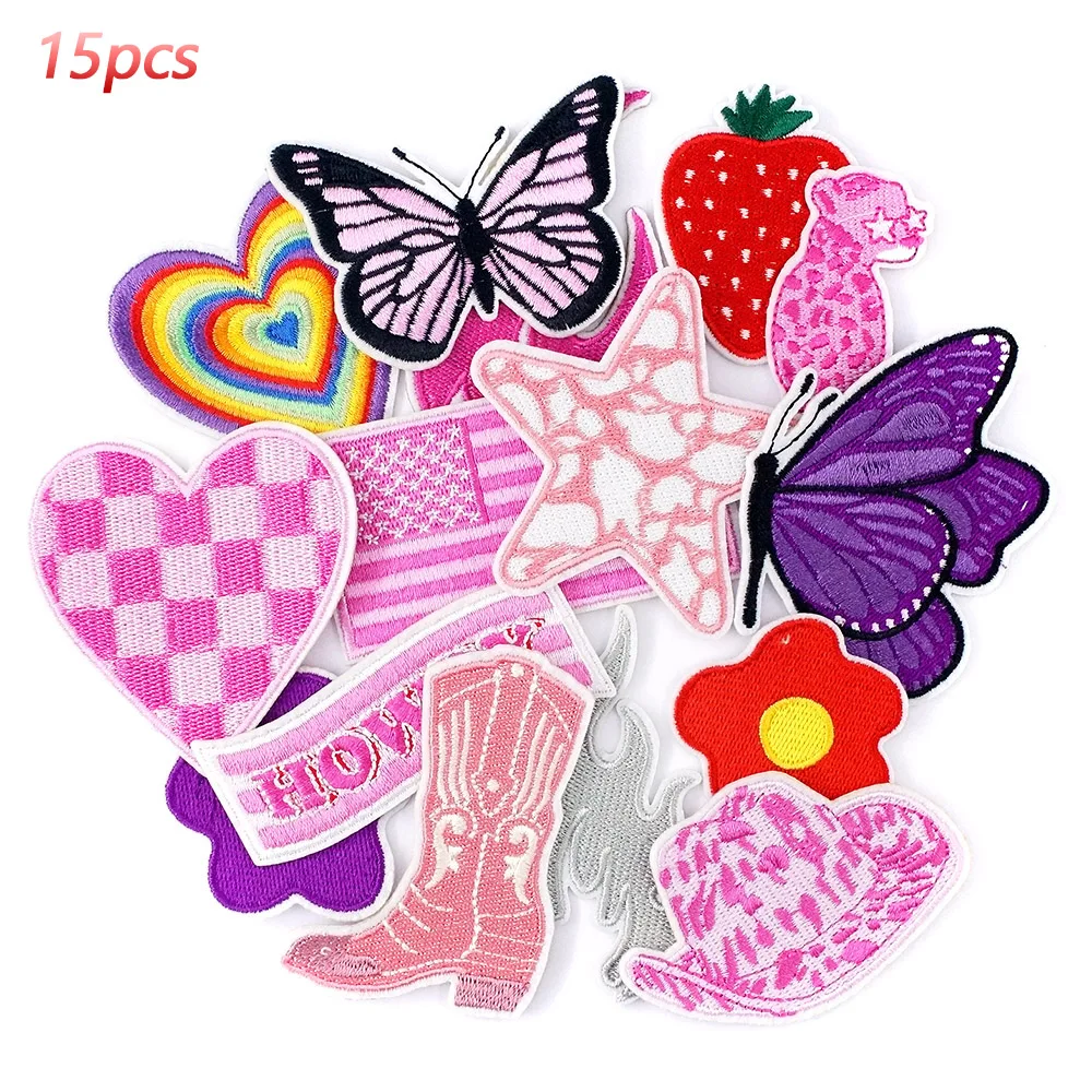 

15Pcs/Lot Pink Flag Hat Flame Butterfly Patches Embroidery Applique Ironing Clothing Sewing Supplies Decorative Badges Patch