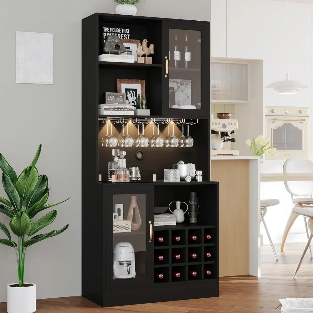 

Wine Bar Cabinet with LED Light and Wine Glass Holder, Kitchen Pantry Cabinet with Microwave Stand, Coffee Bar Cabinet