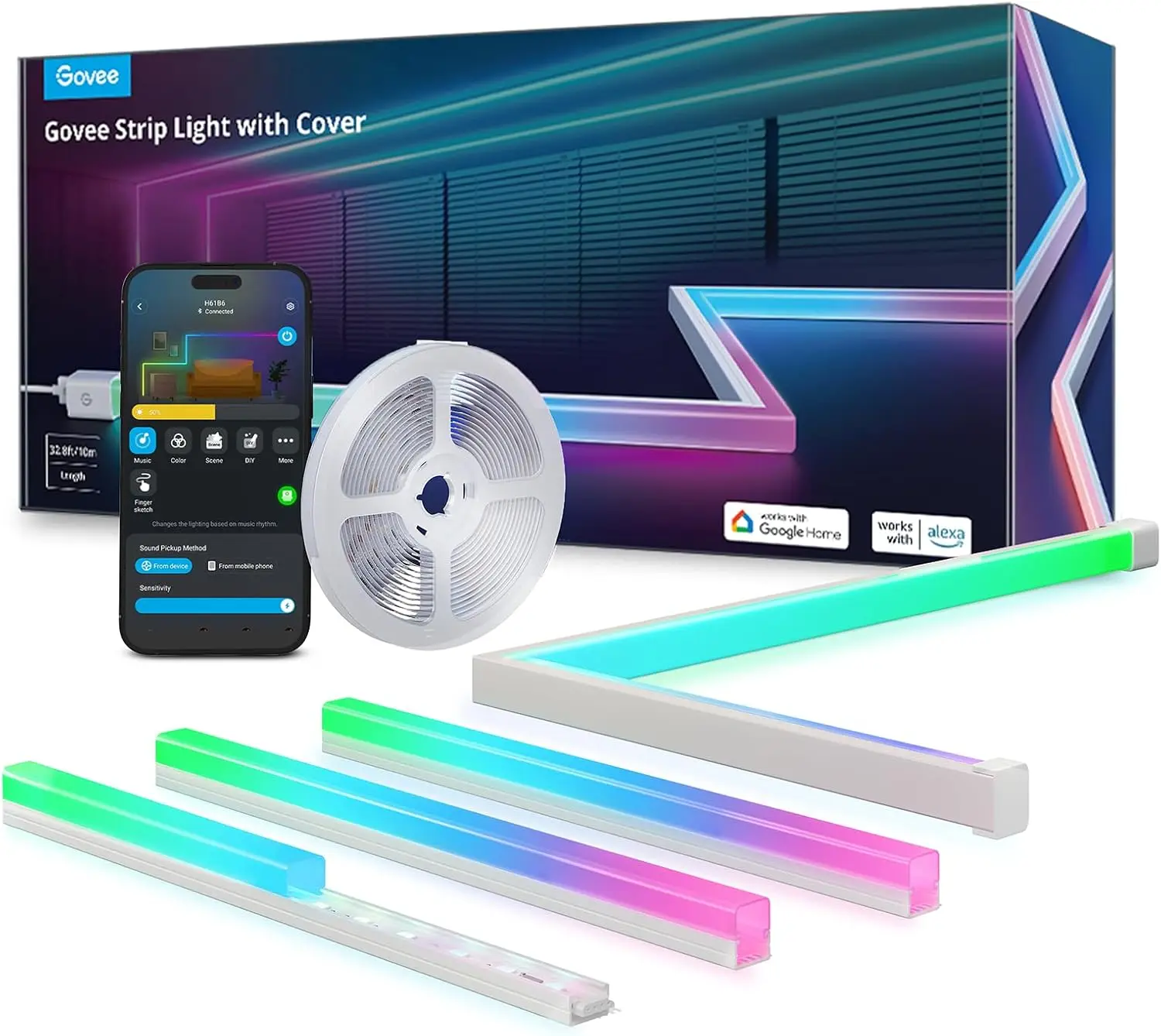 

Умные светодиодные ленты RGBIC длиной 32,8 фута с крышками, работает с Alexa и Google Assistant для домашнего декора