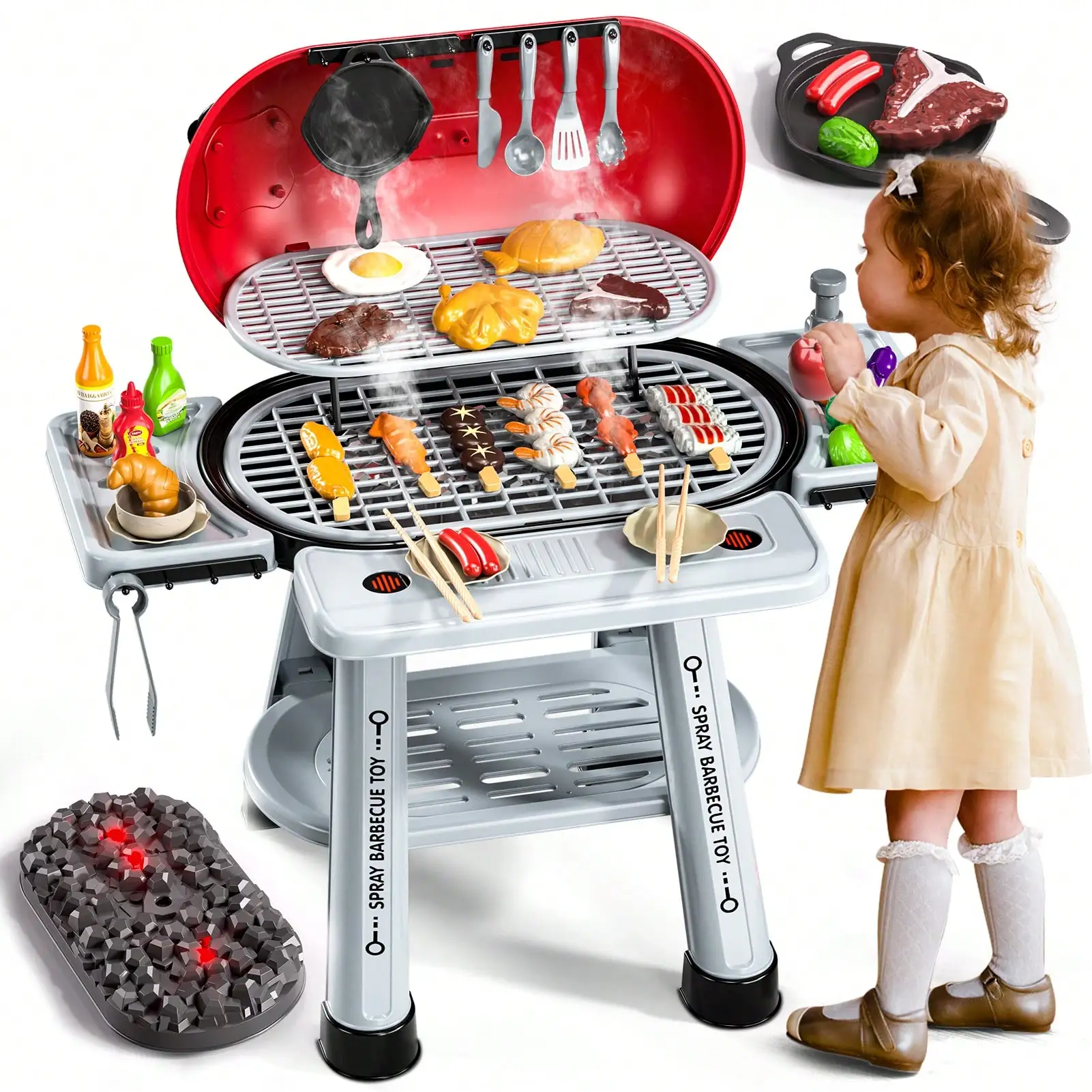 Kids Pretend Play BBQ Barbecue Grill Toy Set, 2‑Layer Kitchen Cooking Playset With Smoke Sound & Light Effect, Indoor Outdoor Little Chef Role‑Play Activity Toy, Simulation Game Kit, Ideal Christmas Birthday Holiday Gift For Boys Girls Children Ages 3‑8