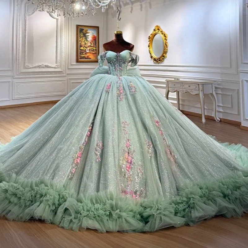 

Light Green Shiny Ball Gown Quinceanera Dresses Applique Lace Beading Crystal Bow Tiered Tull Corset Off The Shoulder Sweet 16