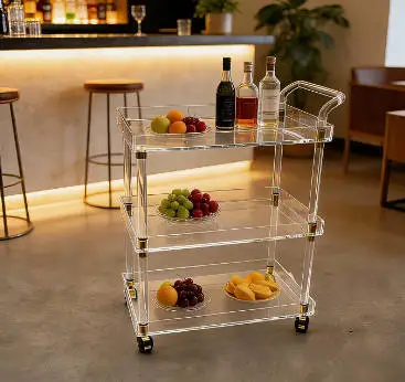 Customizable Modern Transparent Acrylic Rolling Trolley Cart 4 Wheels Easy Assembly Hotel Home Bar Dining Multi-Functional