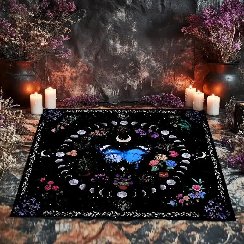 VIKAMA Moon Phase Altar Cloth Butterfly Floral Tarot Card Reading Mat Black Background Witchy Spiritual Home Decor