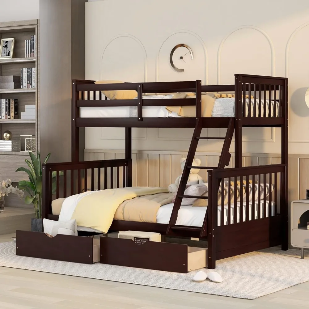 Wood Bunk Bed, with Two Drawers, WithLadders and Two Storage Drawers,with Ladders,Convertible Wood Bunk Bed