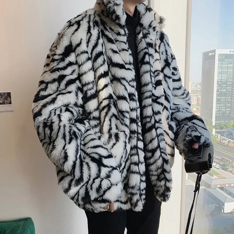 Faux Fur Coat for Men Turn-down Collar Tiger Leopard Imitate Fur Jacket Thick Winter Warm Fluffy Plush Loose Jumper Outwear