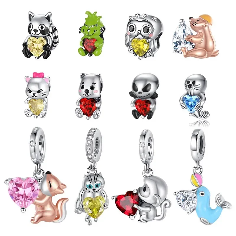 

Sterling Silver 925 Cute Animal Series Naughty Cat Hug Heart Shape Charm Beads Fit Pandora for Women Bracelet Diy Jewelry Gift