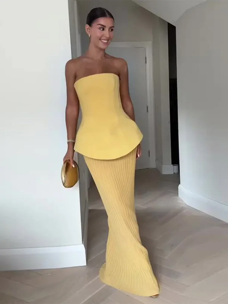 

Women's Off Shoulder Backless Knitted Skirt Tube Top 2 Piece Sets Female Strapless Solid Tops Pleated Skirt Suit Female Outfit
