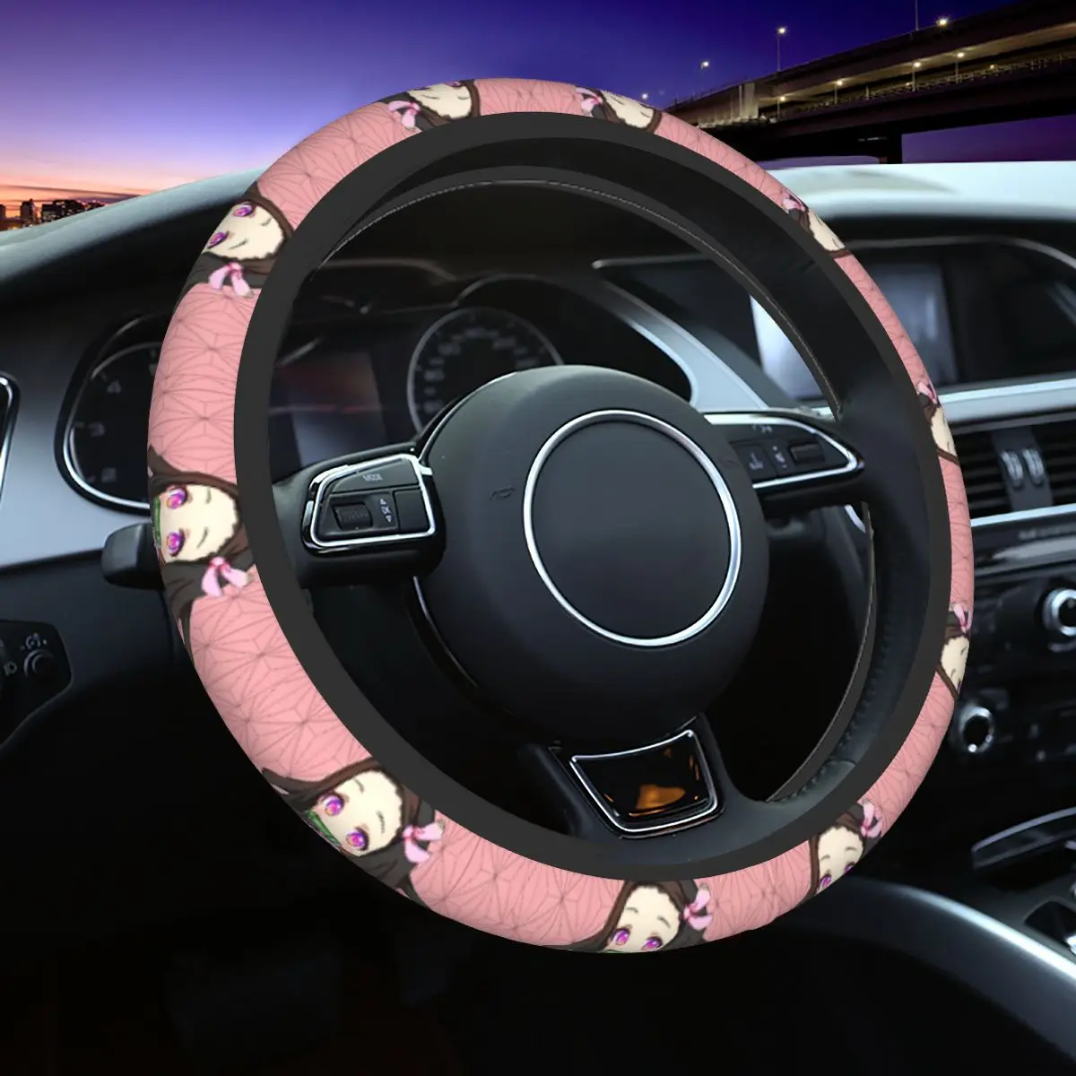 38cm Car Steering Wheel Cover Demon Slayer Nezuko Kamado Anti-slip Auto Decoration Colorful Car Accessories