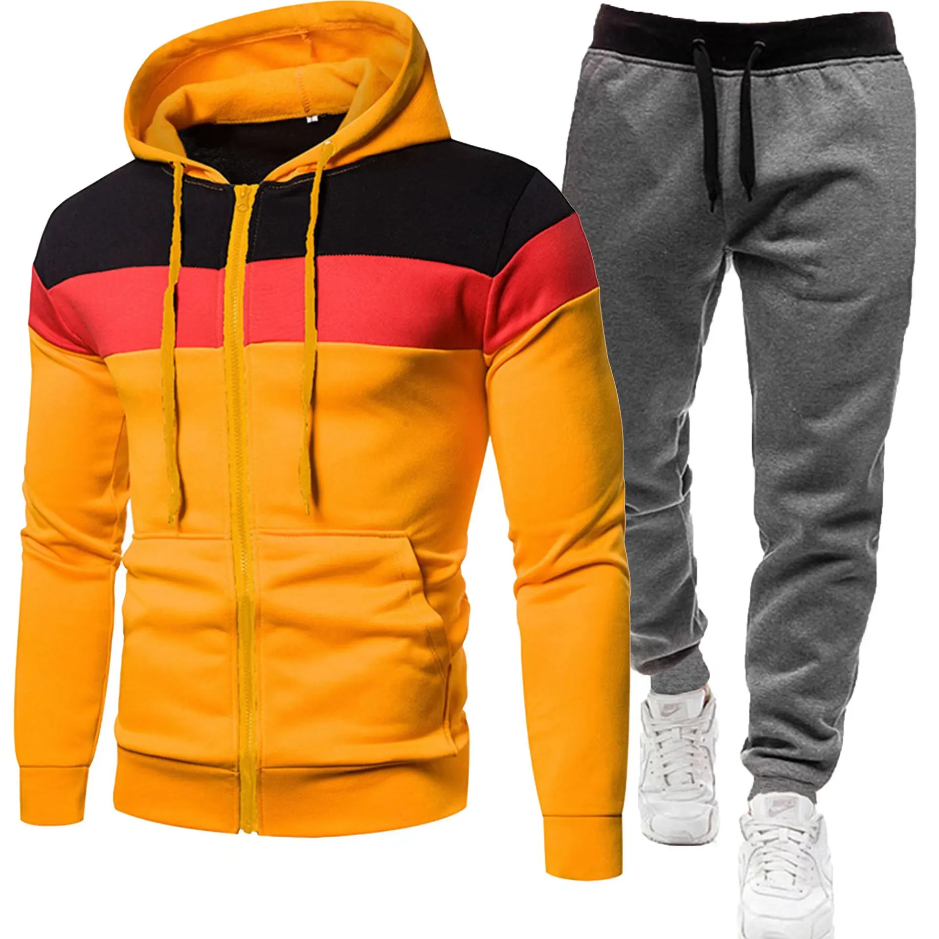 2024 Spring and autumn men\'s new multi-pocket zipper hoodie + casual sports pants two-piece jogging winter sports suit