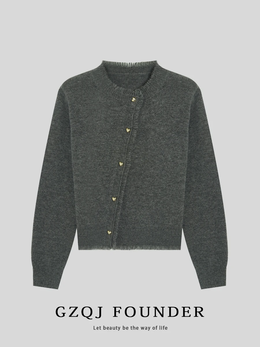 

GZQJ Van Gogh Women's Knitted Wool Sweater Autumn Winter New Sle Tassel Open Cardigan Slant Button Hole Design