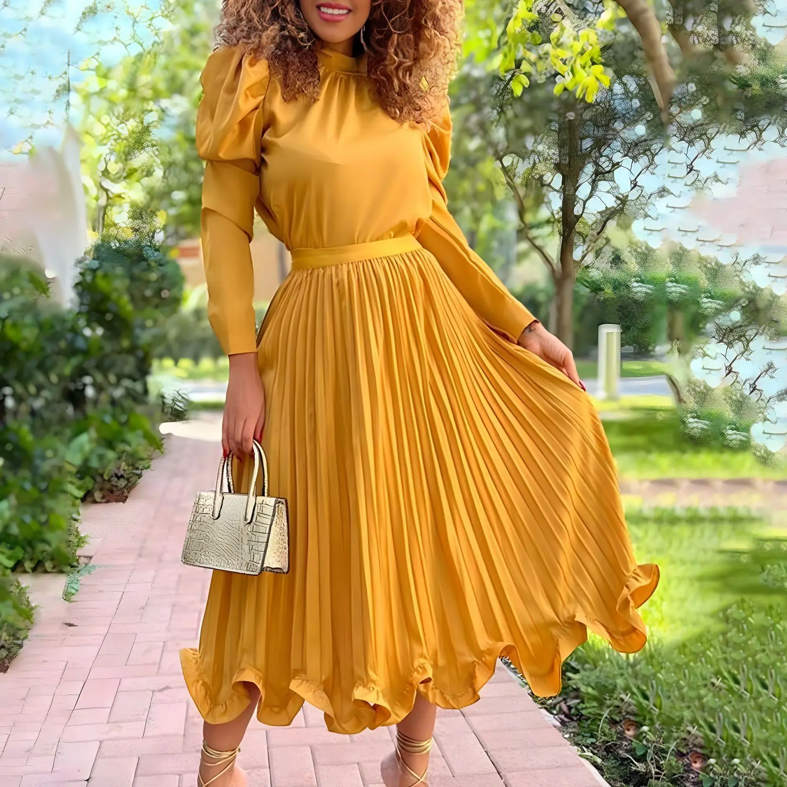 

D3239 Women's Autumn Puff Sleeve Top Pleated Skirt Two-piece Set Women's Casual Dresses Midi Luxury Bandage Beach
