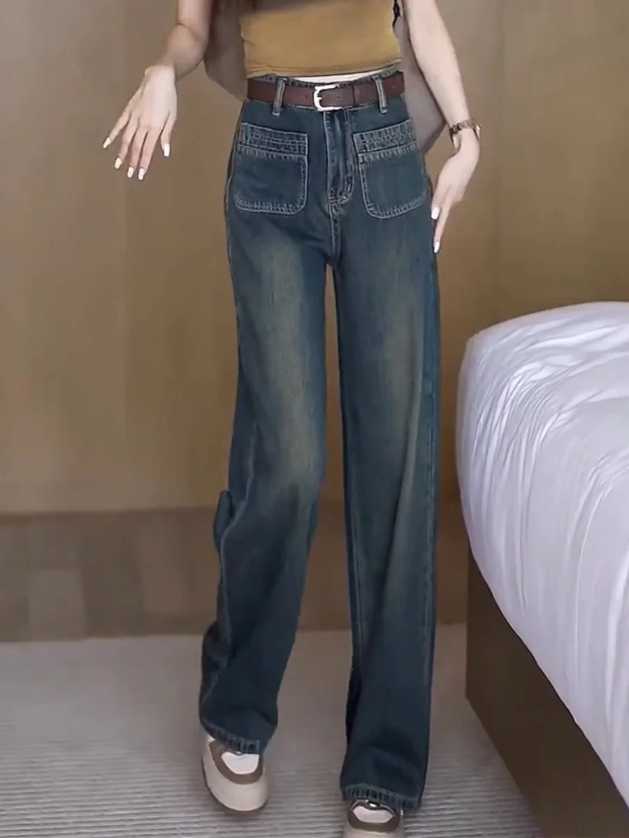 

Deep Blue High Waist Straight Leg Jeans Women's Fashion Design Spring Autumn Popular Loose Slimming Floor Length Pants